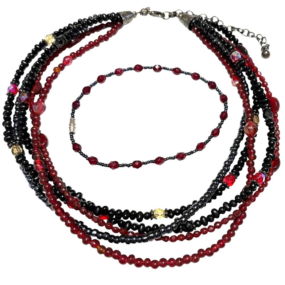 Chicos Black Red Beaded Jewelry Set Multi Strand Necklace Bracelet Sparkle